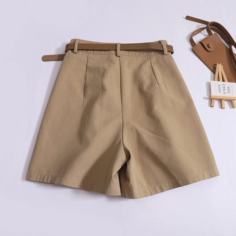 Vintage Cargo Shorts Women's Summer Loose Khaki Shorts High-waisted A-line Casual Wide-leg Shorts with Belt