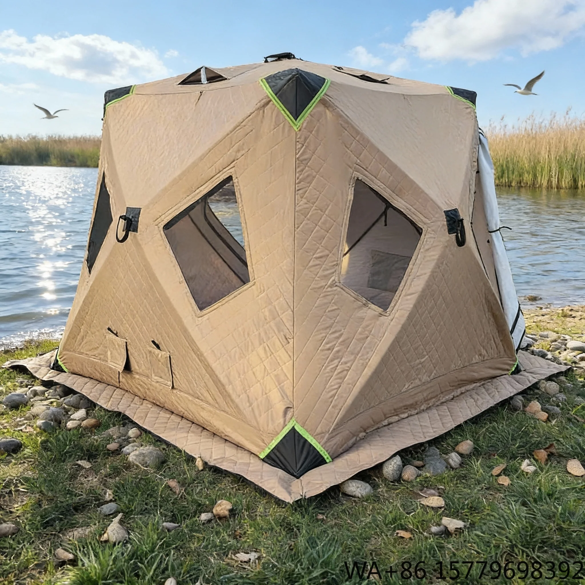 Winter Square Fishing Tent Panoramic Windows Chai Warm Mouth Design Fiberglass Frame Windproof Waterproof Outdoor Camping Ice