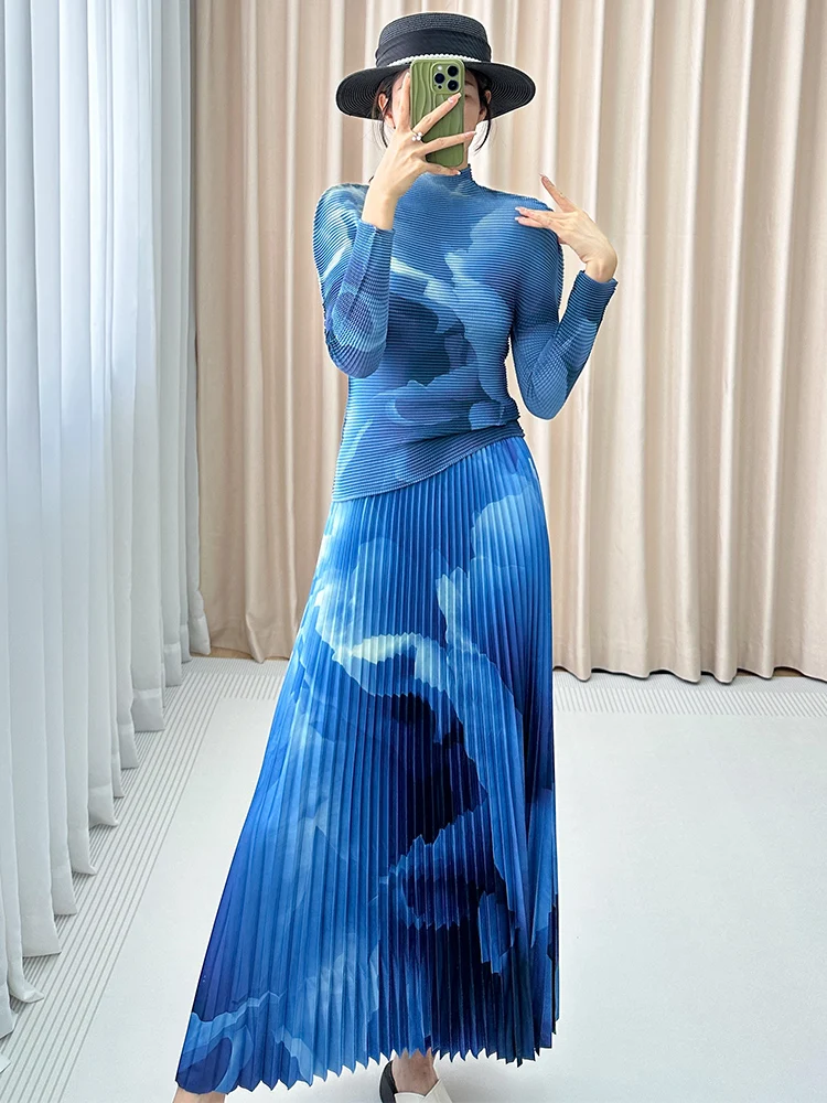 

Creative Print Long Sve f Skirt Two-Piece Set Women's Autumn New Sle Ele Quali Silk Top And Bot Ensemble