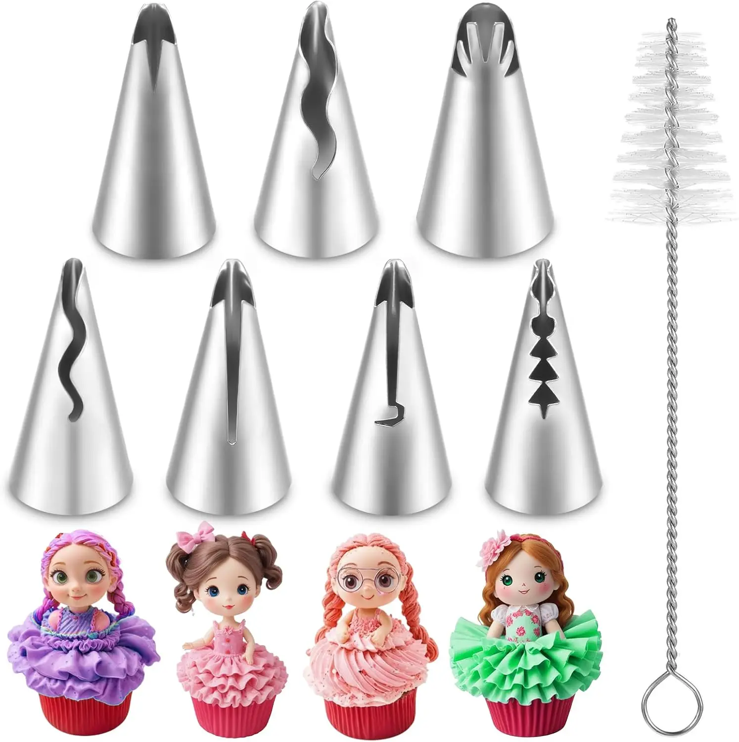 

7-Piece Stainless Steel Cake Decorating Tips Set with Cleaning Brush for Pastry Bags and Cupcakes