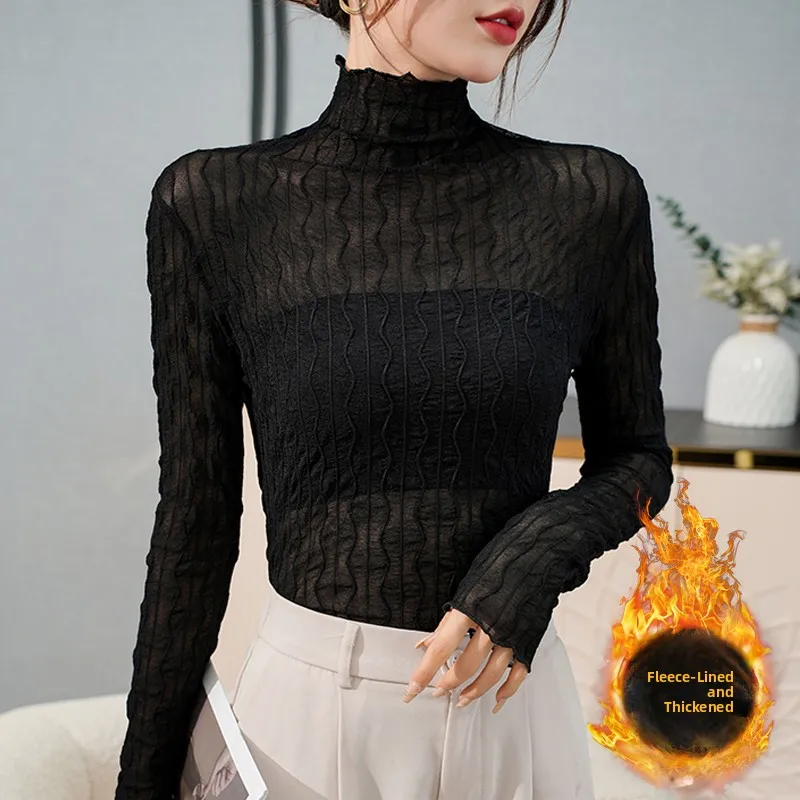 

Women's High Collar Lace Long Sve Me Base irt Autumn Winter Inner Wear Faionable Small irt Fce Lined under irt