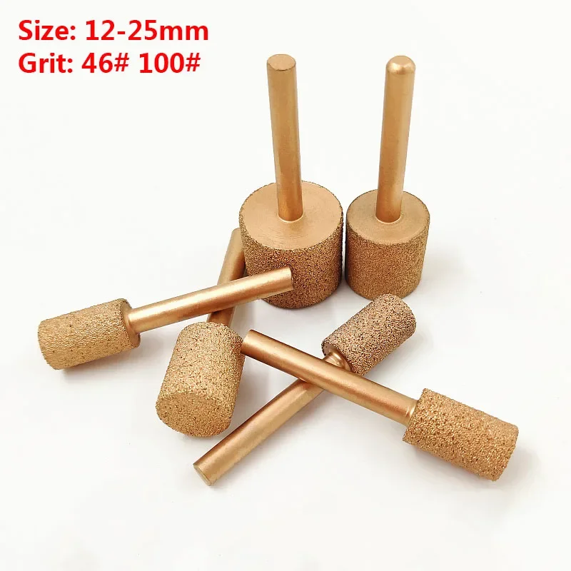 6mm Shank 12-25mm Brazed Cylindrical Diamond Grinding Flat Head Wheel Burr Grinding Engraving Bit Drill 46 100 Grit