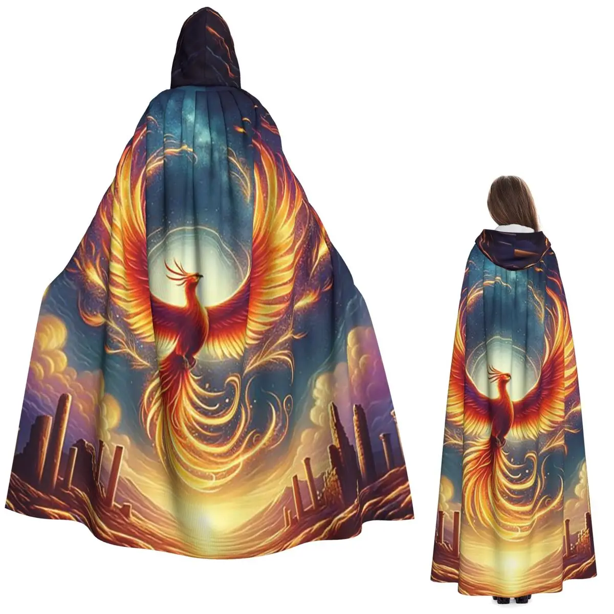 

Phoenix Mythical Bird With Fiery Wings Long Hooded Cloak Witch Medieval Costume Cosplay