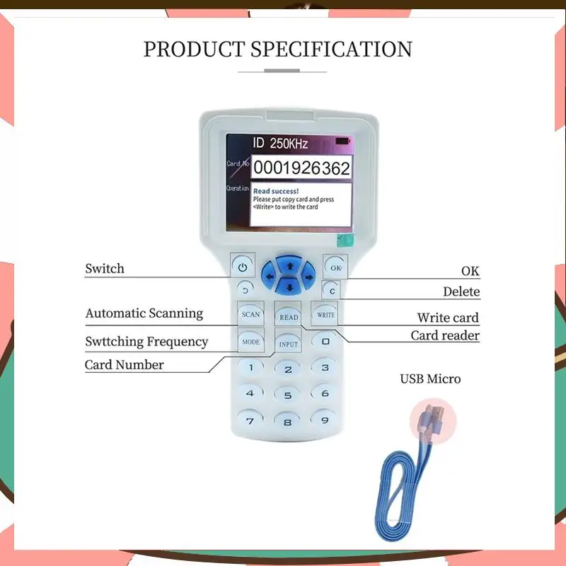 

RFID Copier RFID Reader Writer Multi-Frequency RFID Card Reader Smart Card Decoder For Access Control Home Security-[A59T]