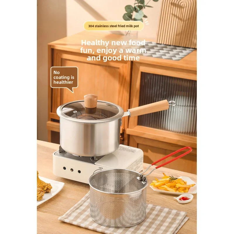 Stainless steel deep fryer for home use, height increasing and deepening pot, multifunctional kitchen mini milk pot, deep fryer