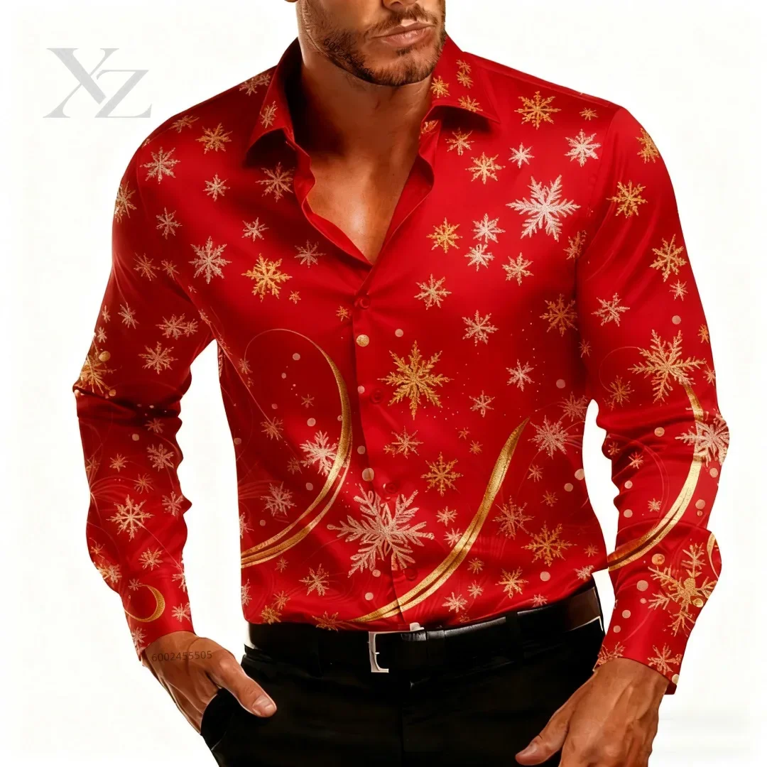 New Christmas Men's Christmas Scene Printed Shirt - Snowflake Casual Fashion Roundneck Buttoned Long-Sleeved Party Autumn Shirt