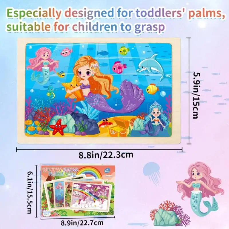 Puzzle in legno per bambini di età compresa tra 3 e 6 anni, design fata sirena principessa unicorno, giocattolo educativo, gioco di apprendimento prescolare in confezione da 4