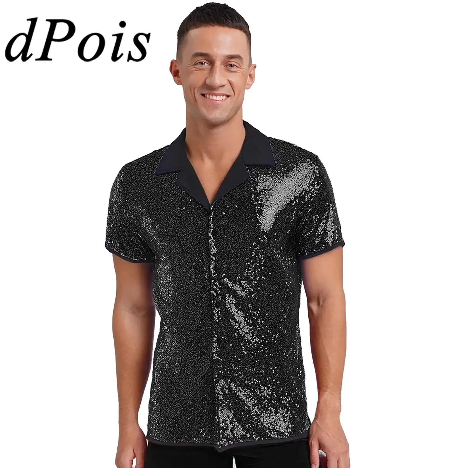 

Mens Glittery Sequin Shirt 70s 80s Disco Lapel Short Sleeve Button-down Blouse Tops Rock Music Party Dancing Club Sparkle Shirts