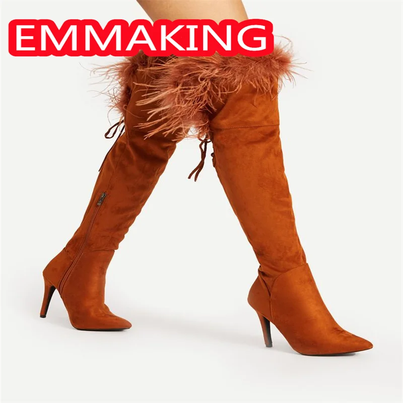 Ostrich Feather Side Zipper Winter Knee High Boots Women 2024 New Fashion Sexy Bottes Femme Ladies Pointed Toe High Heel Shoes