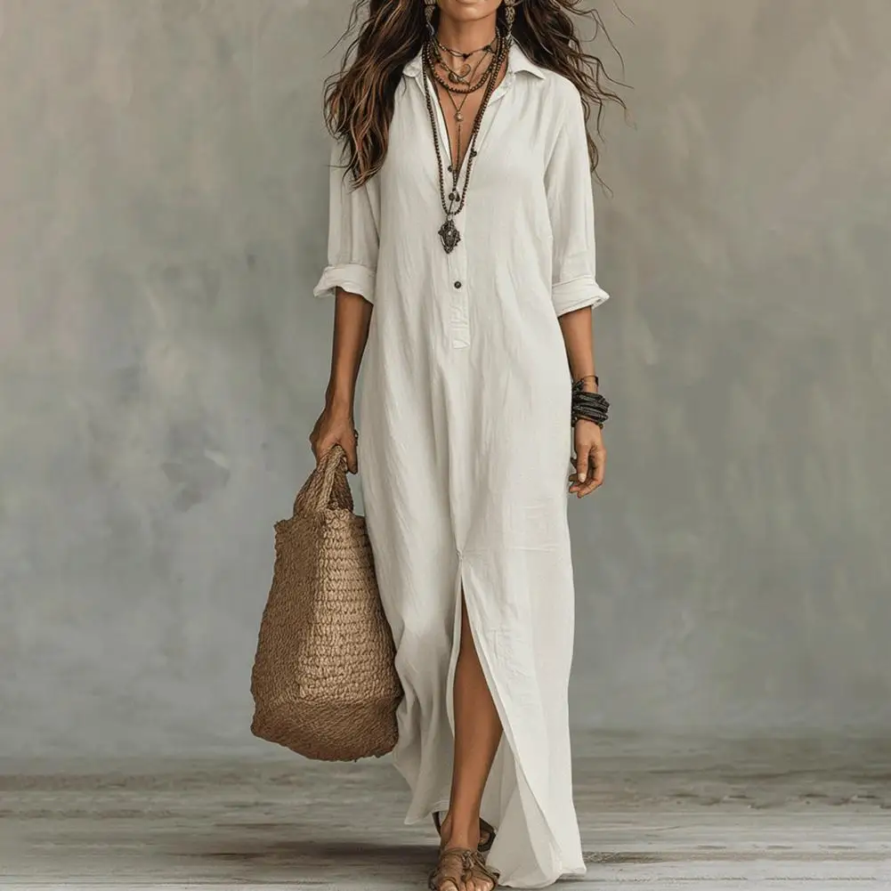 Women Solid Color Shirt Dress Casual Long Dress with Lapel Collar & Front Slit Lightweight Breathable Summer Beachwear Dress