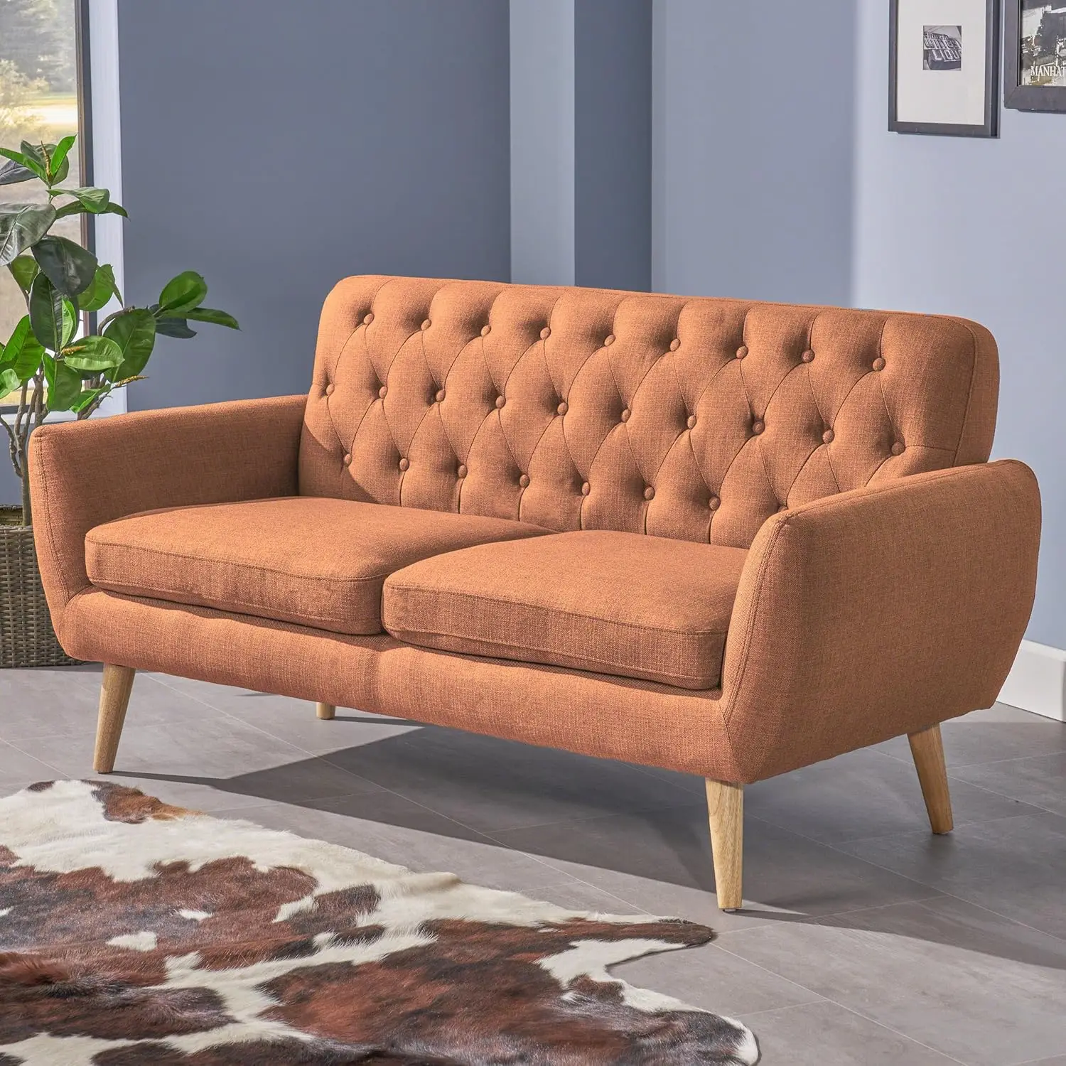 

Mid-Century Modern Tufted Fabric Sofa, Burnt Orange / Natural