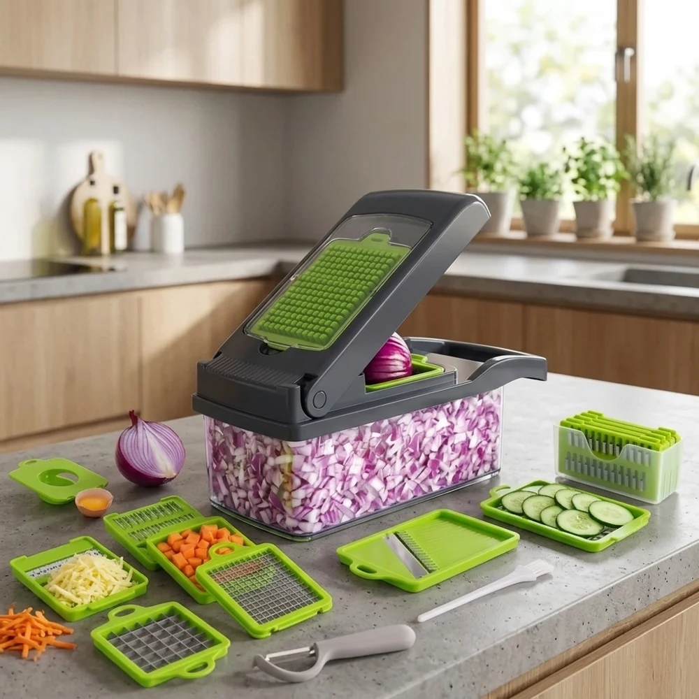 Cortador de Cocina Profesional 16 en 1, Picador de Alimentos Multifunción con Cuchilla de Cuchillo de Carnicero, Cortador de Verduras, Frutas, Patatas y Tomates