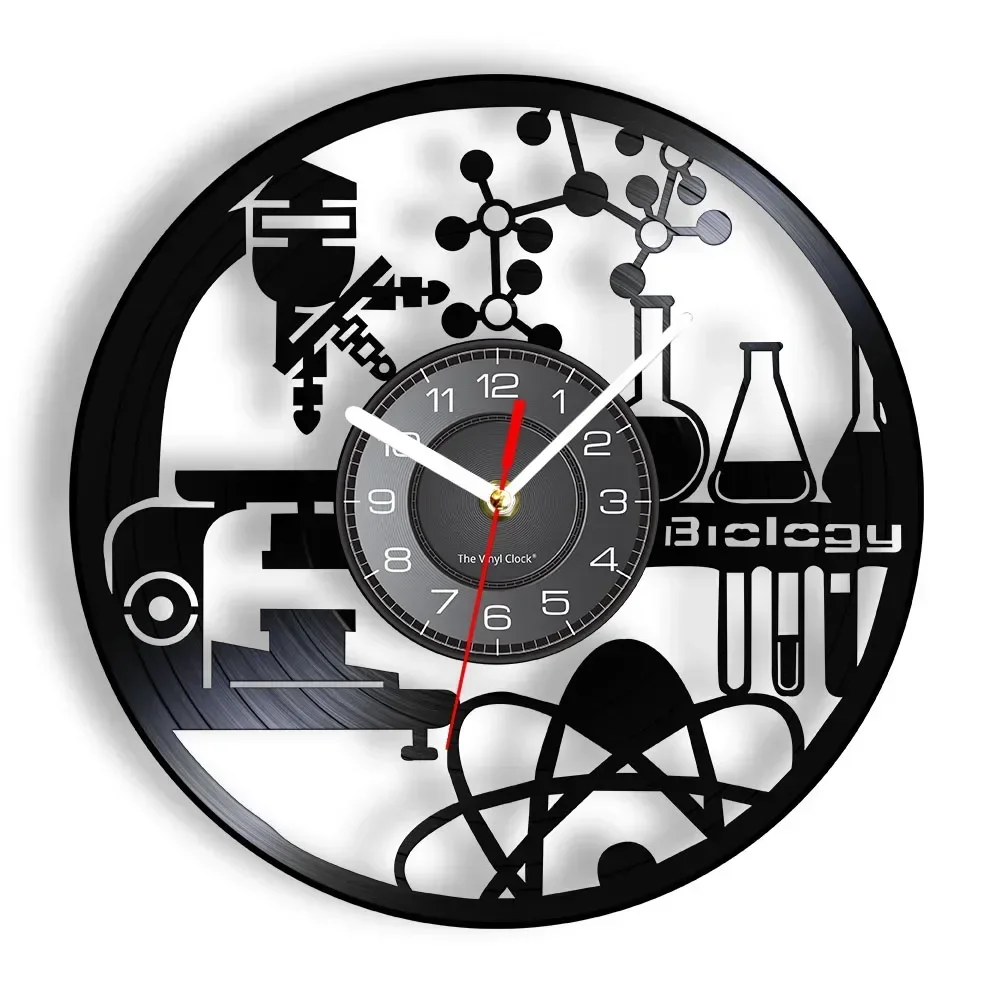 Biology Themed Wall Clock Made of Real Vinyl Record Chemistry Experimental Equipment Luminous Wall Watch Hanging Decor for Lab