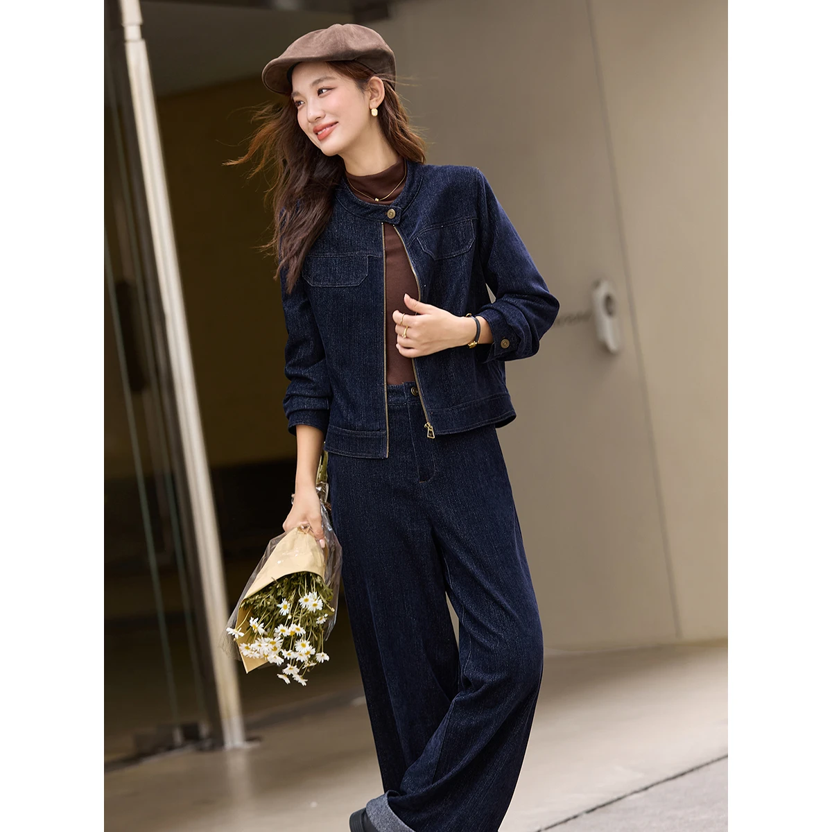 VIMLY Denim Two-Piece Set for Woman 2025 Autumn Round Neck Zipper Front Jacket & Wide Leg Trousers Casual Comfort Outfit A3093
