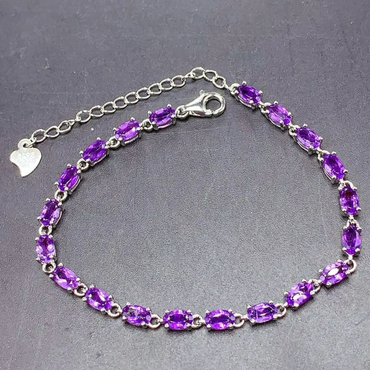 925 Silver Tennis Bracelet Natural Amethyst Bracelet with Certificate 20 Pieces 4mm*6mm Genuine Amethyst Silver Jewelry