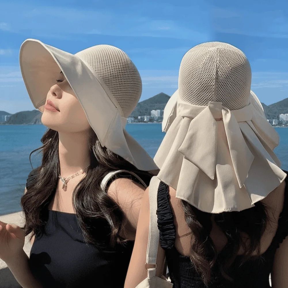 Korean Style Women Wide Brim Sun Hat Wide Brim Neck Flap Sun Protection Cap Breathable UPF50+ Ladies' Sun Hat