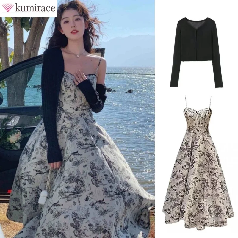 2024 New Large French Light Luxury Floral Dress Set for Women\'s Summer Ink Painting Suspender Long Skirt Two Piece Set For Woman