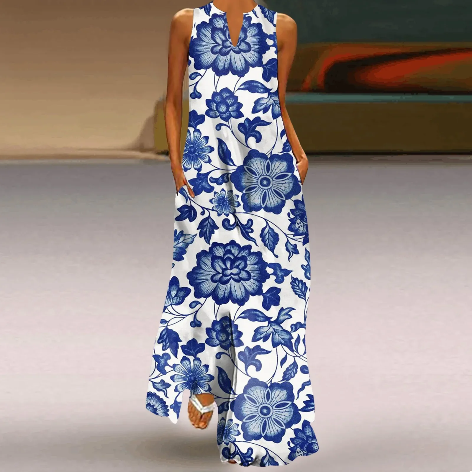 夏のフレッシュフラワープリント中空アウトVネックノースリーブロングドレスホリデーカジュアルルーズマキシドレスパーティーディナーイブニングドレス