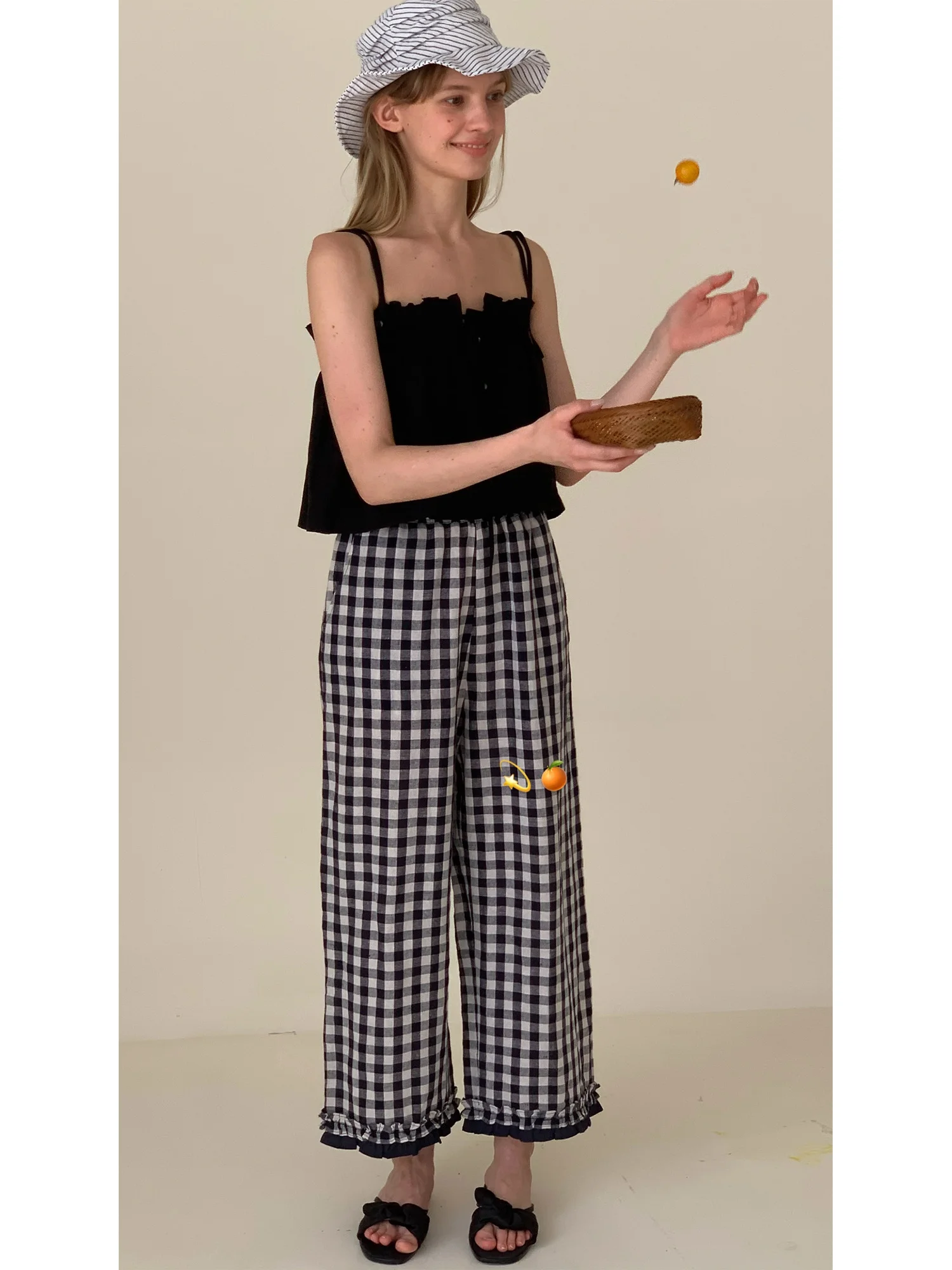 

Белые женские летние брюки We Park, новые, широкие, прямого кроя, повседневные, из хлопка и льна, с лоскутным шитьем в клетку, с высокой талией, на резинке