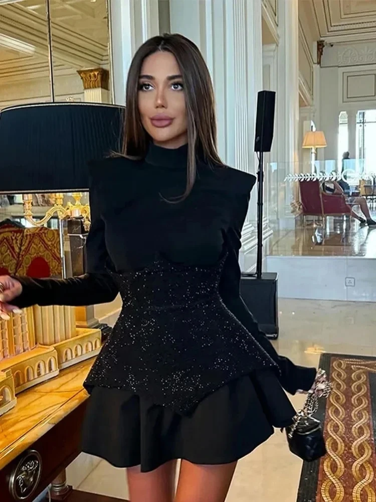 

Sexy Long Sleeves Waist Sparkle Diamonds A-line Dress Women Black Patchwork Luxury Crystal Mini Dresses Celebrity Party Evening