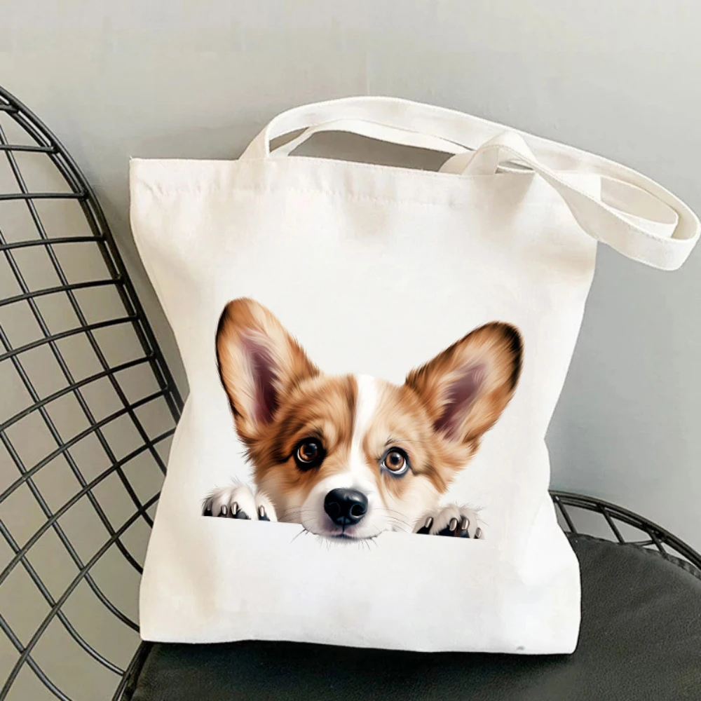 Peeking Dog Breed Canvas Tote Bag, Cute Dog Corgi Print Reusable Shoulder Bag, Casual Daily Handbag for Dog Lovers, Gift