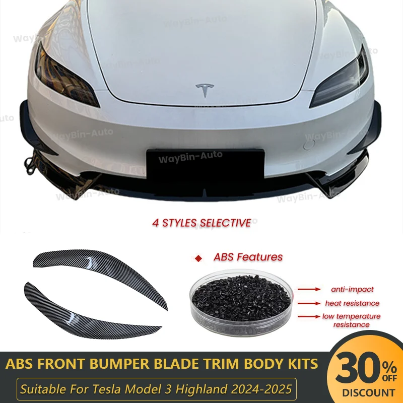 

Body Kits For Tesla Model 3 Highland 2024-2025 2Pcs Car Front Bumper Cover Blade Trim Spoiler Wind Knife Bumper Gloss Black Auto