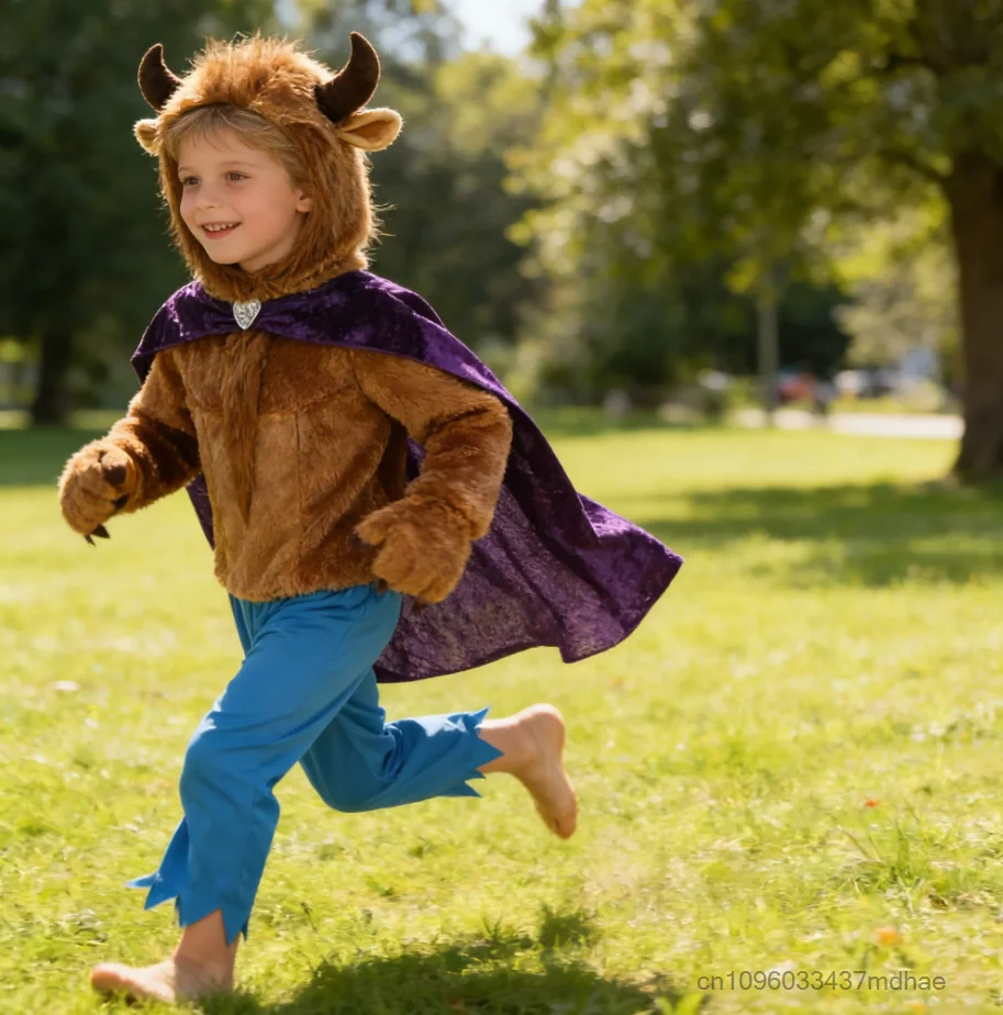 

Junge Animal Beast Cosplay Set Halloween Fancy Dress Up Furry Brown Deluxe Caped Wild Beast Stage Performance Costume for Enfant