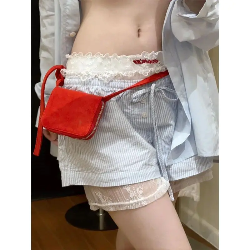 Hot Girl White Embroidered Lace Shorts 2024 Women's Summer New Design Sense Loose Striped Hollow Shorts Female Clothing