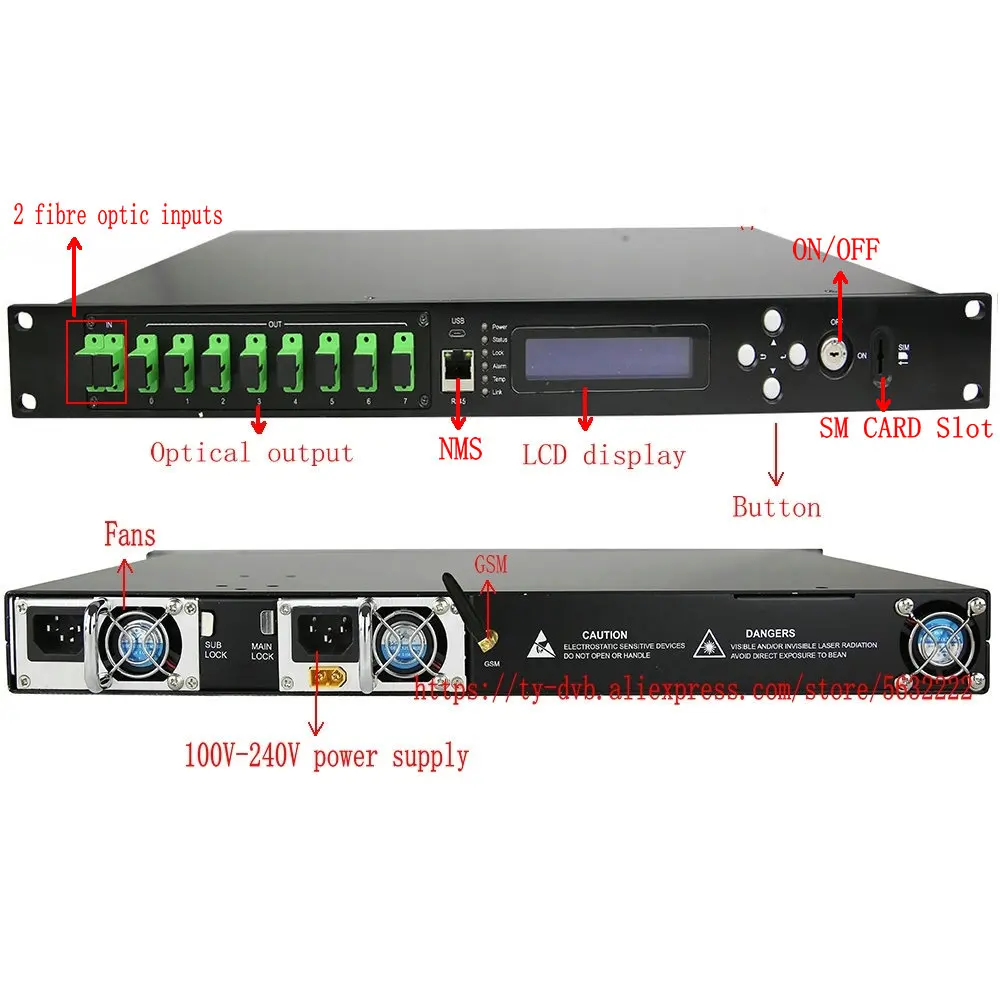 1550nm 1U High Power EDFA Erbium Doped CATV Fibre Amplifier 8X23DB + 2 Inputs + WEB+SNMP+GSM