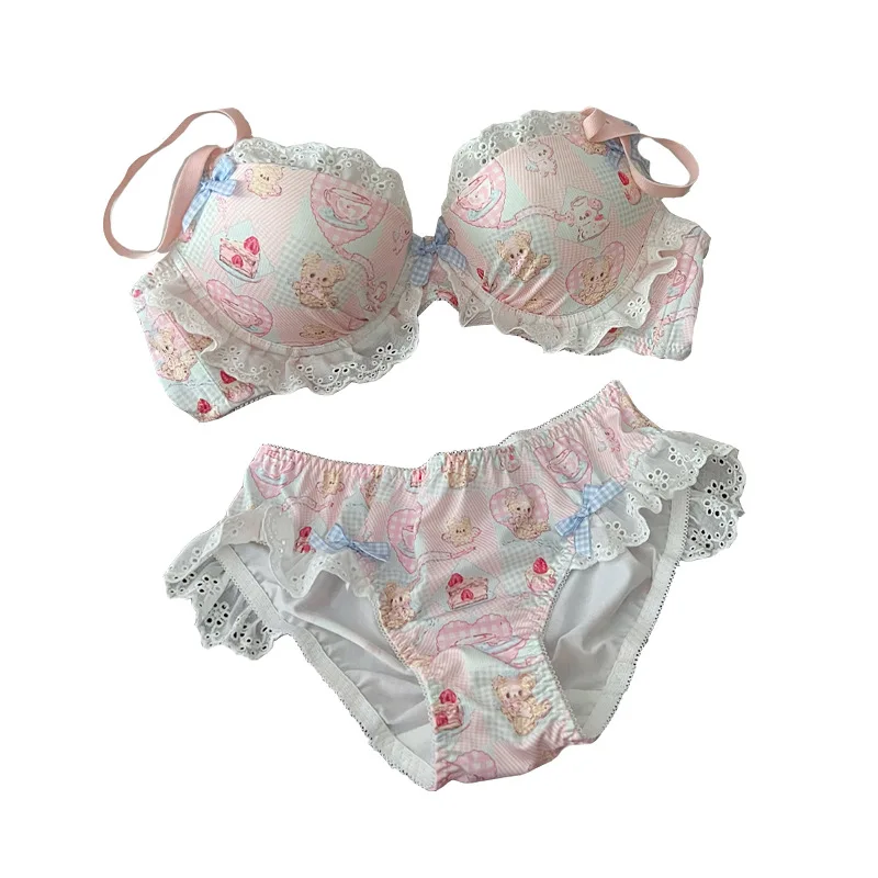 الدب الصغير الحلوى المرقعة لطيف الحلو الصدرية اليابانية لوليتا الدانتيل Underwire الصدرية فتاة الملابس الداخلية جمع مجموعة الملابس الداخلية