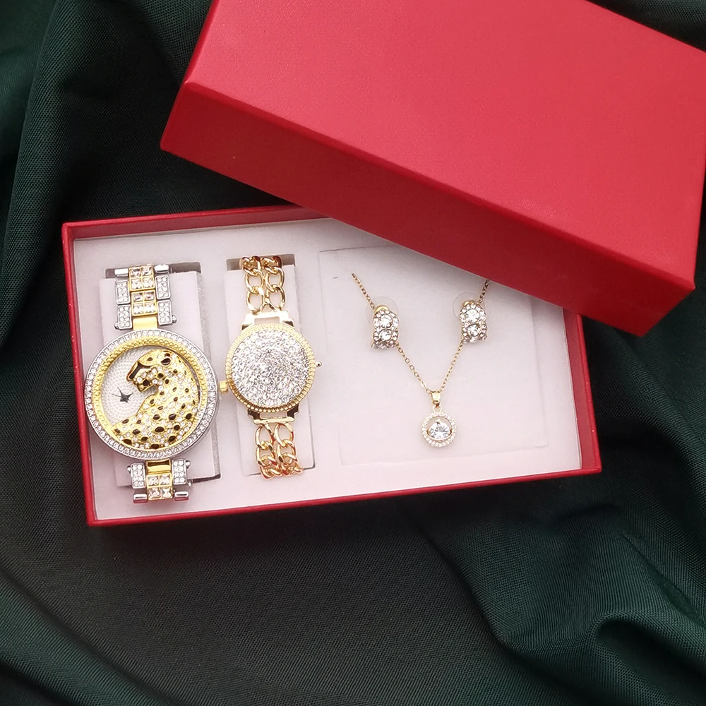 Conjunto de joyería de 4 piezas para mujer, reloj de pulsera de lujo, relojes de cuarzo con diamantes de cristal, con caja