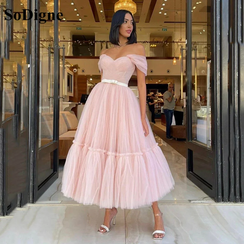 

SoDigne Pink Prom Dresses Sweethearts Tiered Tulle Tea Length Arabic Wedding Party Gown Graduation Dress 2022