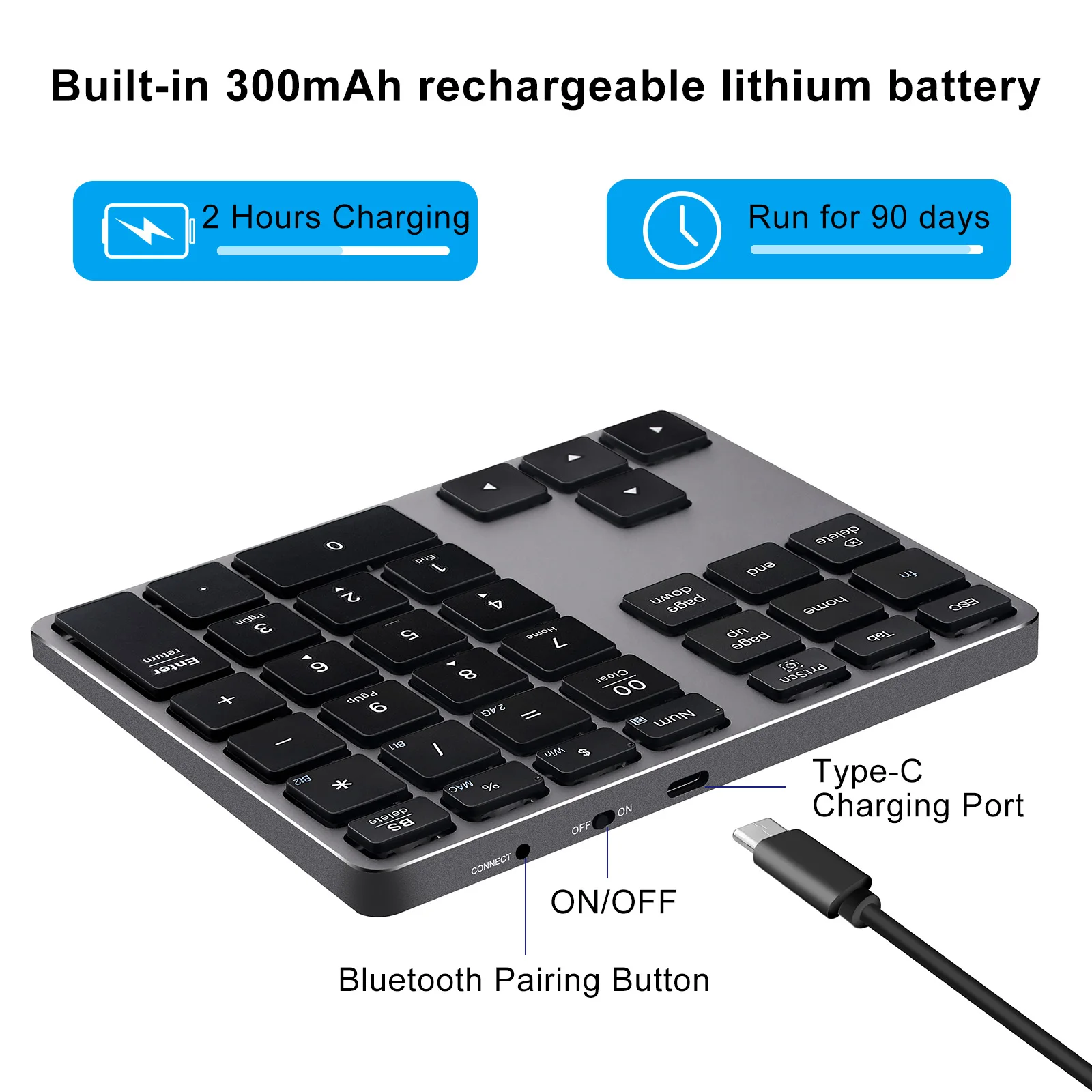 Bluetooth& 2.4Ghz 2in1 Numeric Keypad With 300mAh Rechargeable Battery, Wireless Number Keyboard Dual-mode Aluminum USB Numpad