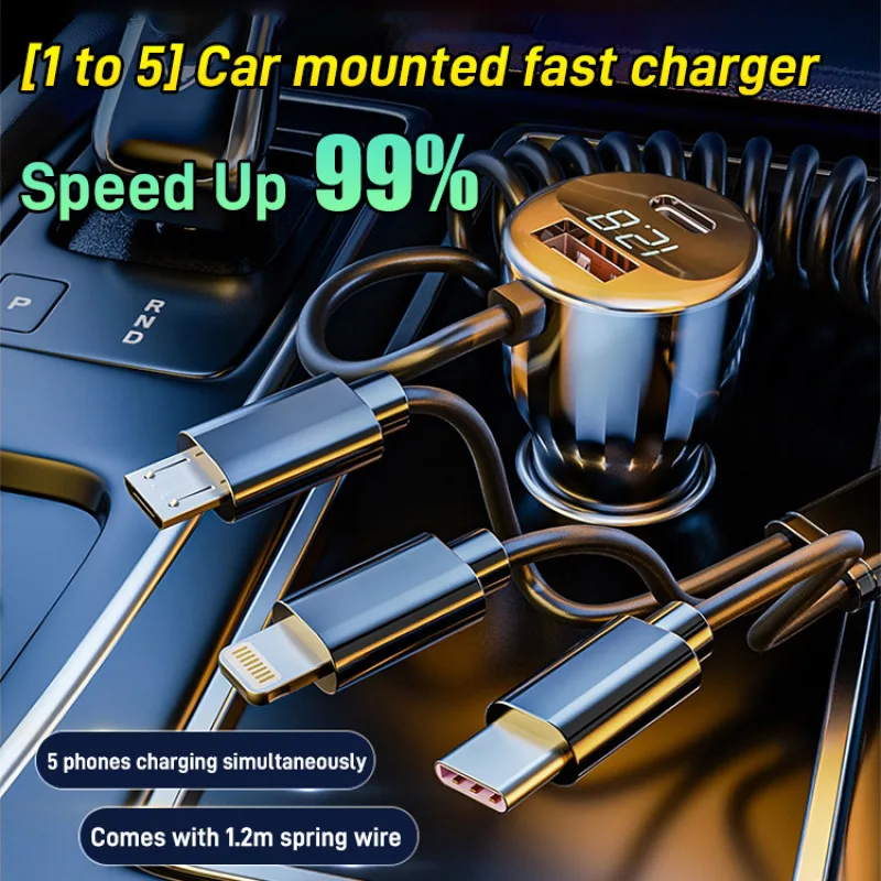 130W Car Charger With 3 in 1 Fast Charging Retractable Spring Cable PD Android Apple Type-C Car Phone Charger Super Fast Charge