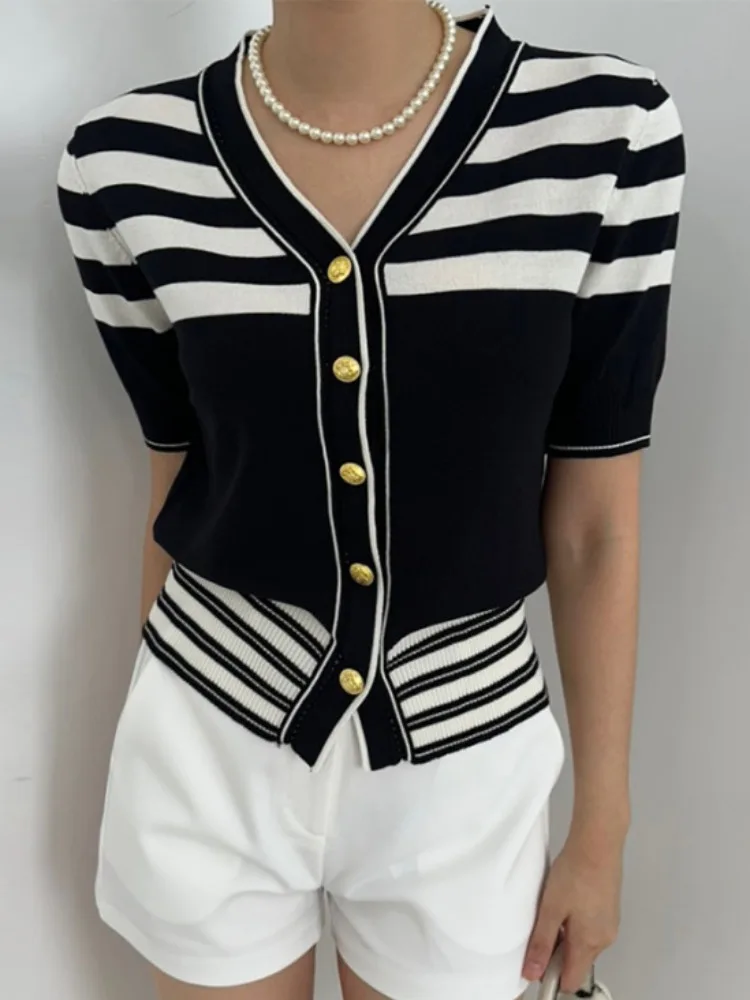 

Metallic Stripe Knitted Open Cardigan Women's Summer New Sle Vintage Color Blo Top Single Button Knitwear Faionable