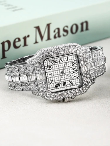 Imagen 2 del producto Relojes de diamantes de lujo para hombres estilo Hip Hop Bling Iced Out reloj de pulsera cuadrado de moda reloj impermeable de acero inoxidable 202