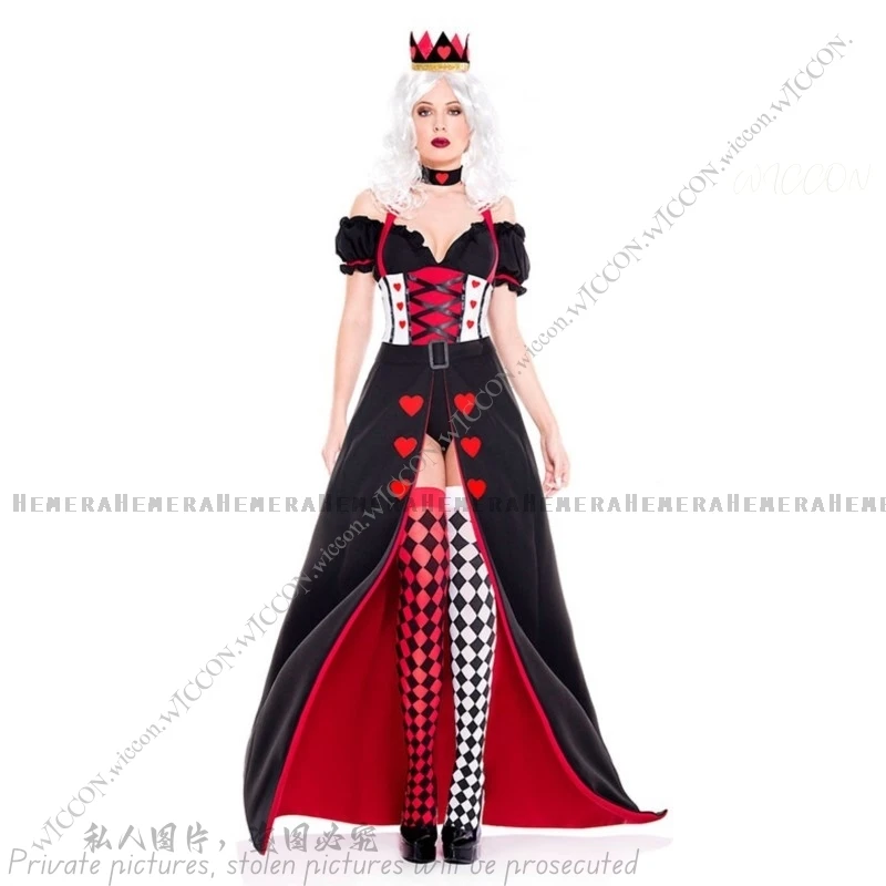 Adult Kid Queen of Hearts Wonderland Costume Cosplay Halloween Party Masquerade Costumes Sexy Headdress+Neck+Top+Tie Skirt+Socks