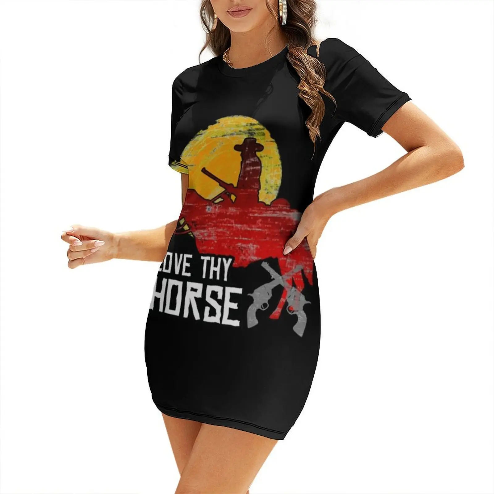 

Red Horse Sunset - LOVE THY HORSE, Redemption of the West Short-Sleeved Dress Dress for girls womans clothing Dress