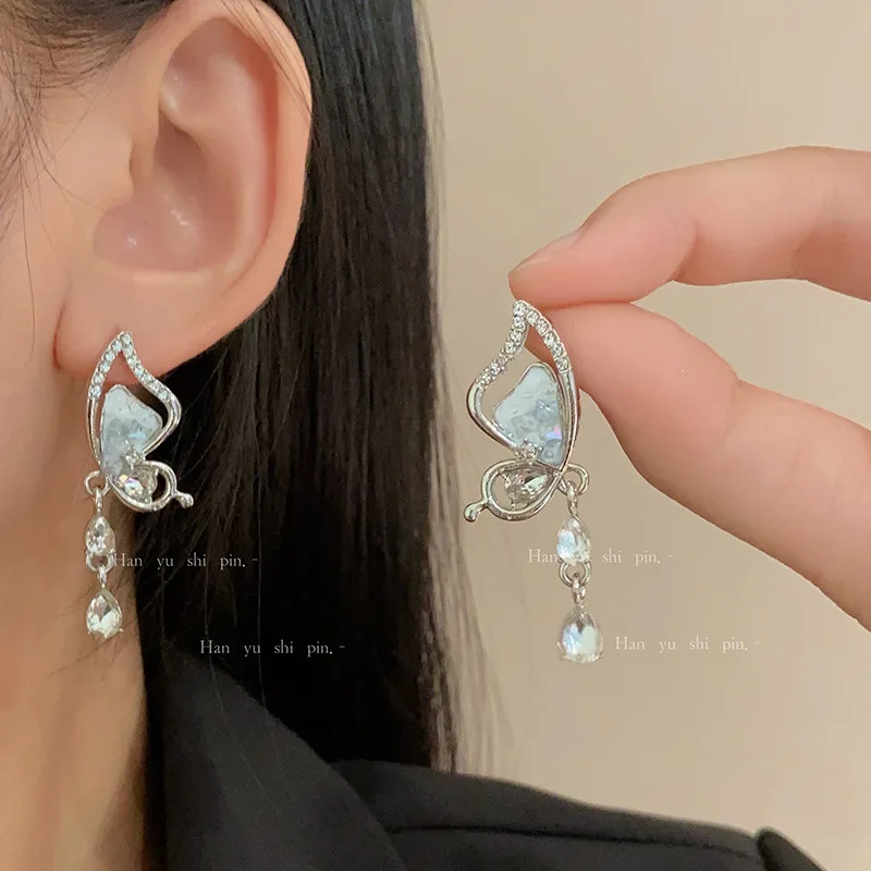 Gradual change blue enamel oil drop butterfly stud earrings niche design high sense water drop pendant earrings