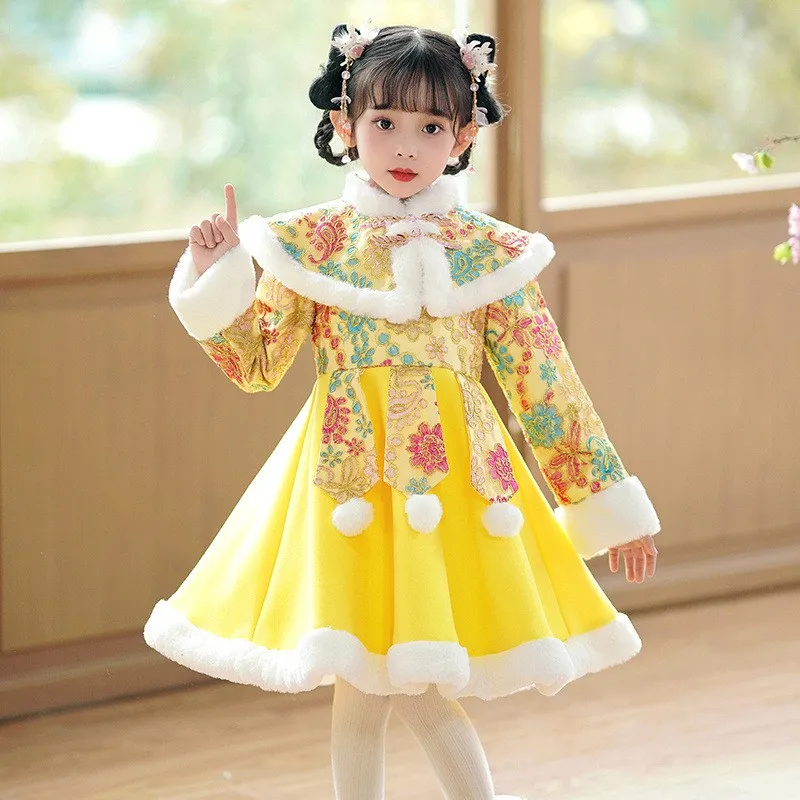 

Girls Winter New Thick Qipao Hanfu Fairy Princess Kids Dress Performance Embroidery Greeting Vestido Chinese New Year Clothing