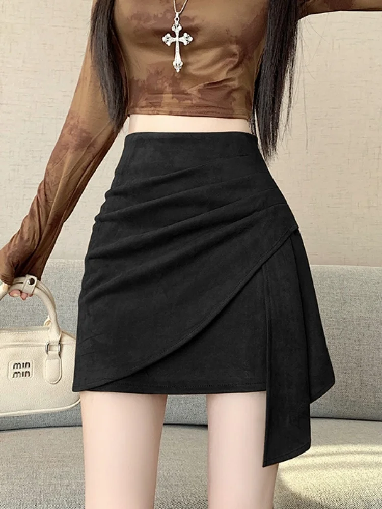 Falda asimétrica de terciopelo de piel de ciervo para chica picante, falda ajustada con diseño de otoño e invierno para mujer