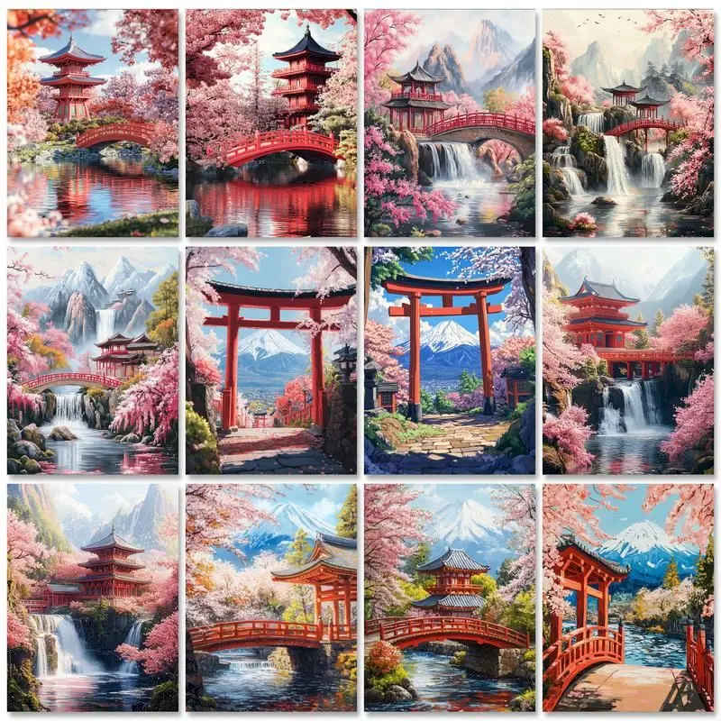 

GATYZTORY Diy Painting By Numbers Kits Cherry Blossom Pavilio Scenery Picture With Number Acrylic Paint On Canvas Personalized G