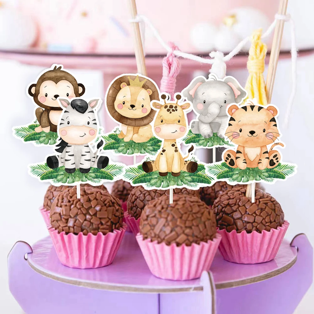 18pcs Carton Animal Cake Topper Paper Cupcake Toppers for Jungle Safari Forest Happy Birthday Party Decoration DIY Cake Supplies