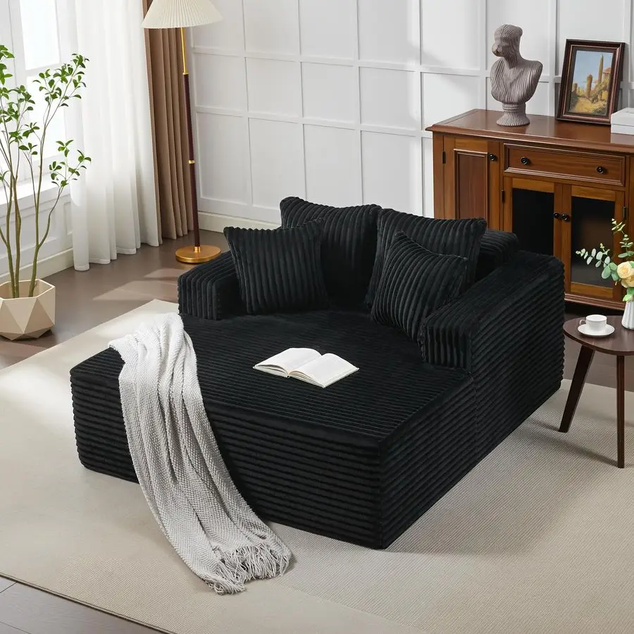 L Oversized Chaise Lounge Chair Indoor, Boneless Corduroy Sleeper Sofa Bed with 4 Pillows, Armrests, Comfy Fluffy Reading Couch