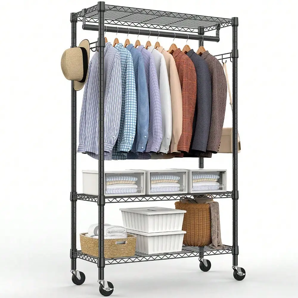 

Black Metal Garment Rack Heavy Duty Adjustable Rolling Hang Clothes Rack