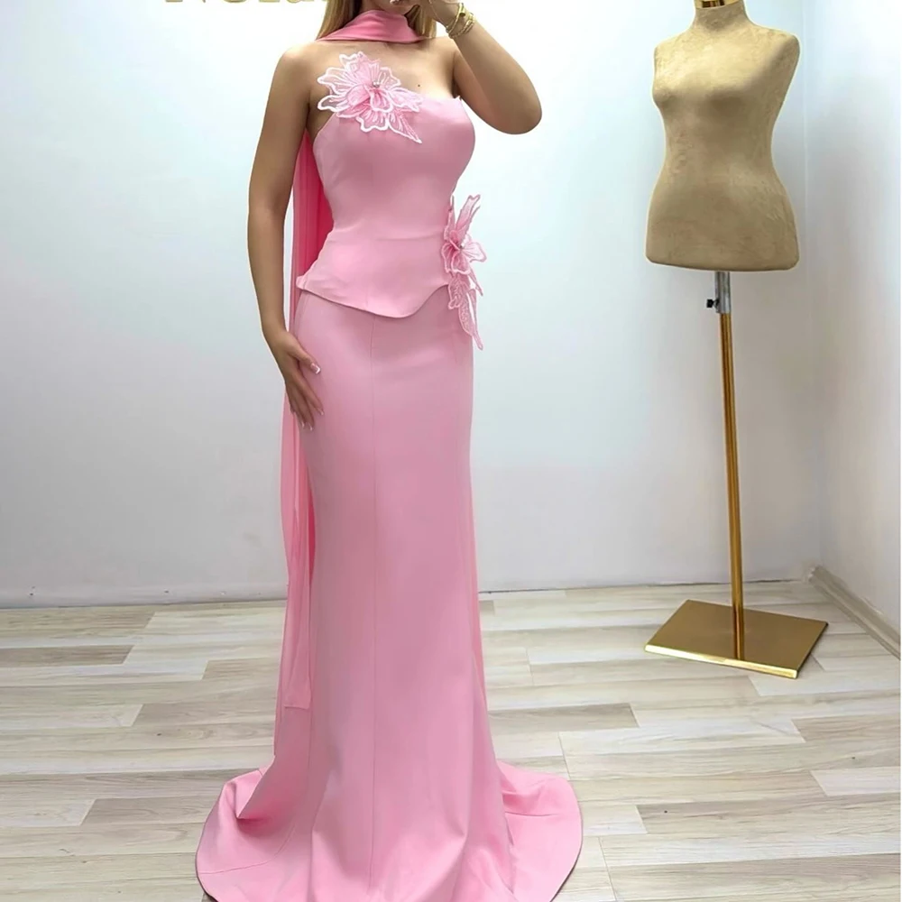 Abiti da sera a trapezio personalizzati Abito da ballo senza maniche senza spalline lungo fino al pavimento Fiori di moda Abito da festa drappeggiato con stola semplice
