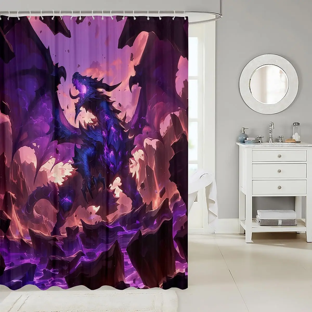 Highly Detailed Dragon Fantasy Shower Curtain Waterproof Bath Decor Mural 180x180cm Gothic Style Room Accent