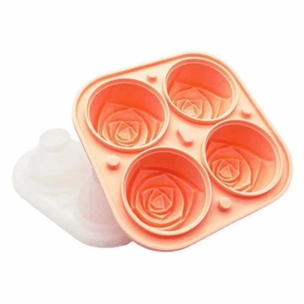 New 3D Rose Silicone Ice Mold with Lids Large Size Ice Making Molds Easy to Demold 4 Holes Ice Ball Maker for Drinks