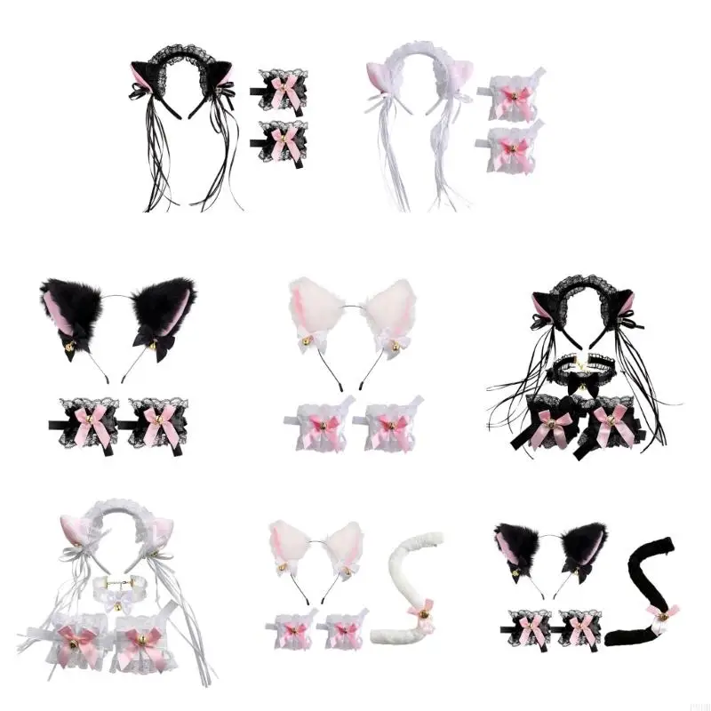 

P8DB 1set Cartoon Ear Hairband Choker/Lace Cuffs/Tail Set Halloween Cosplay Tools