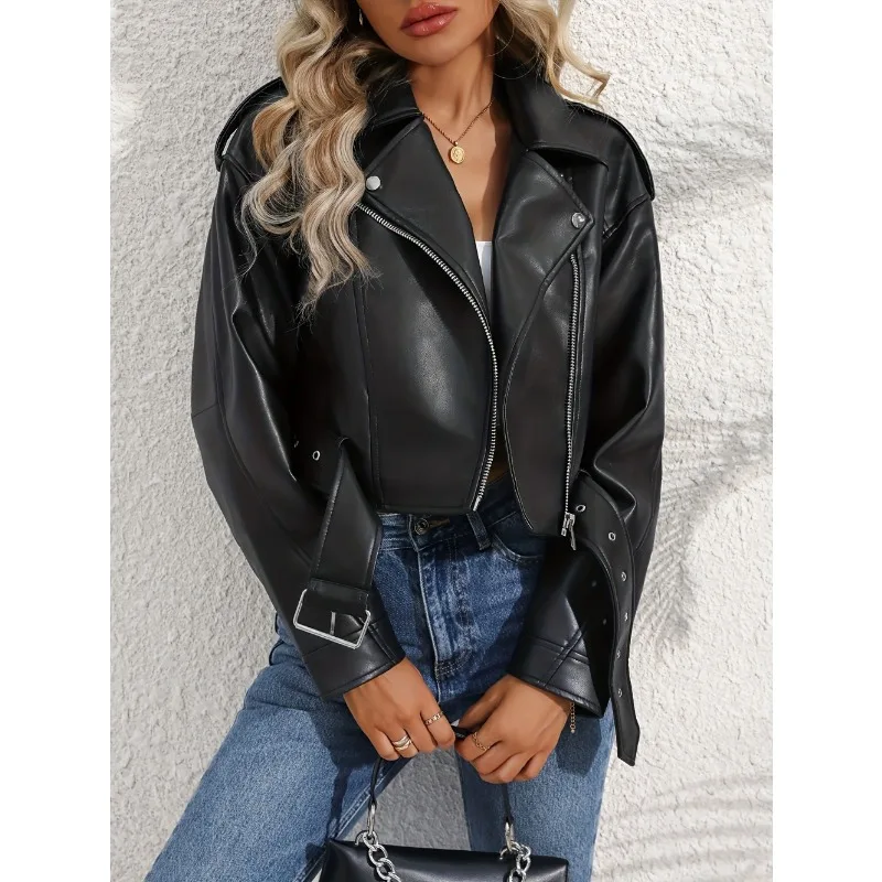 Outono inverno topo feminino jaqueta de couro do plutônio casual senhora lapela zíper na moda roupas da motocicleta leve casaco clássico (sem bolso)
